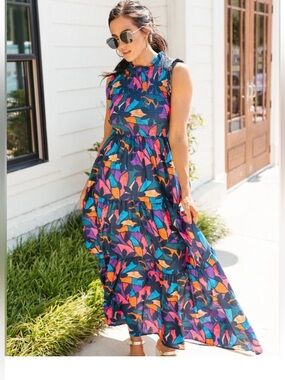 PEACH LOVE FLORAL Pink Purple Orange SMOCKED SLEEVELESS MAXI DRESS SZ S M L